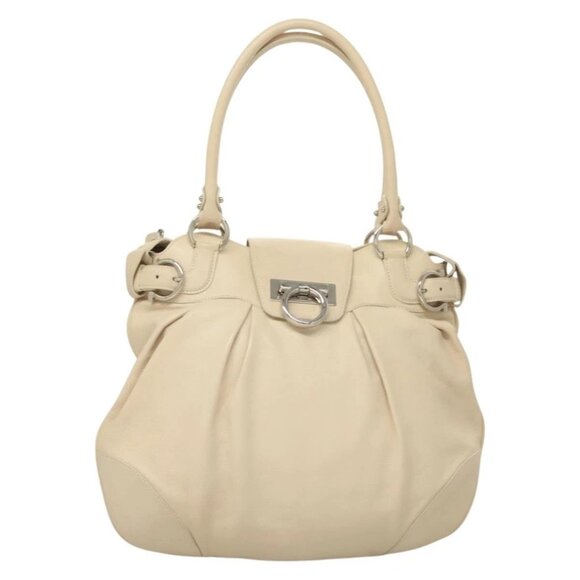 Salvatore Ferragamo Gancini Hand Bag Leather Ivory Silver Auth 132891 - Picture 2 of 16
